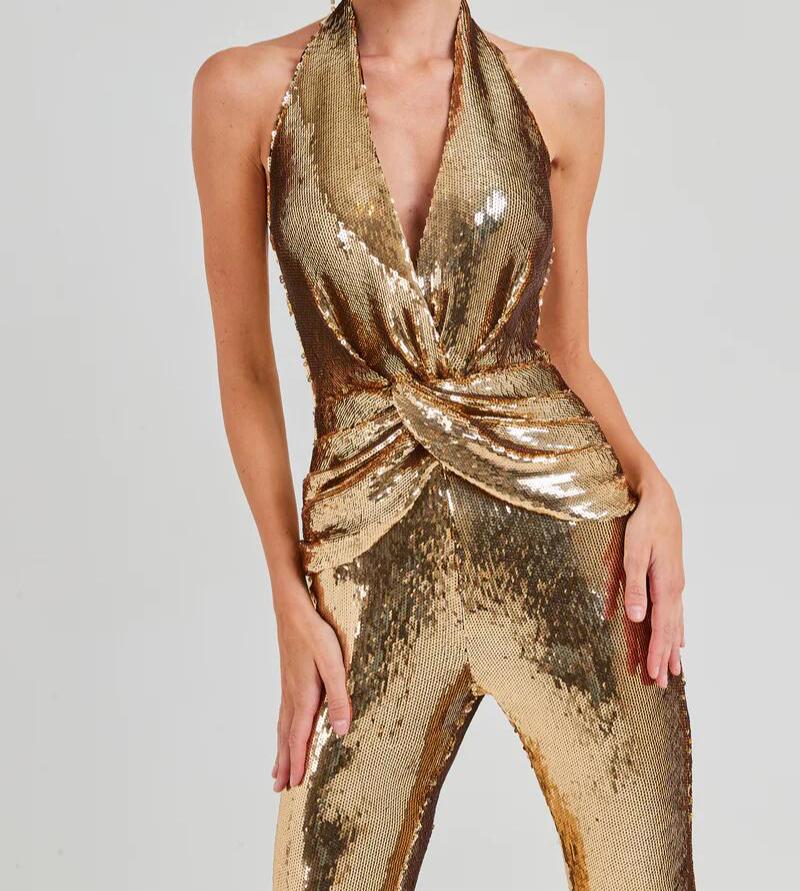 NEXT DAY DELIVERY MIREYA Halter Gold Sequins Bodycon Jumpsuit