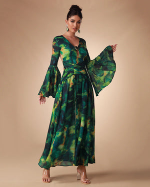 NANCY Bell Sleeve Printed Chiffon Maxi Dress
