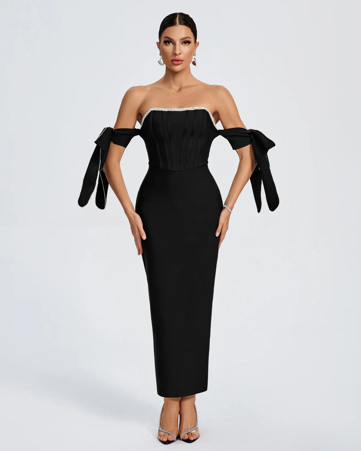 NAISHA Rhinestone Trim Bowknot-Sleeve Bandage Dress