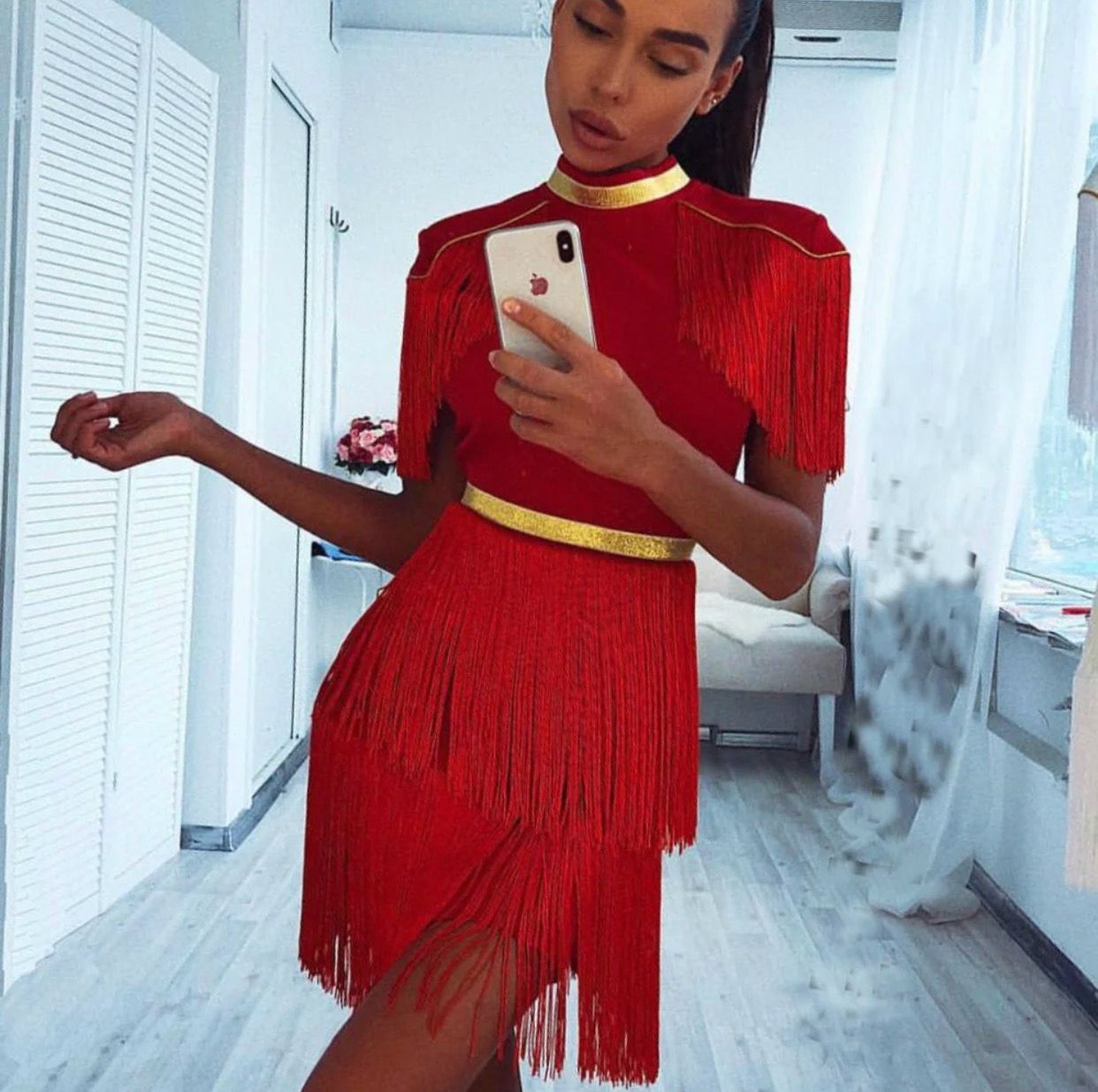 NEXT DAY DELIVERY DAMIANA  Red Round Neck Short Sleeve Tassels Bandage Dress