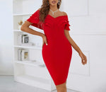 NEXT DAY DELIVERY CINDY Off Shoulder Short Sleeve Midi Frill Bandage Dress