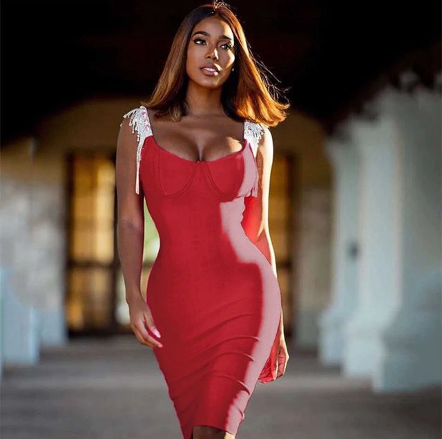 NEXT DAY DELIVERY FELICIANA Over Knee Tassels Bandage Dress