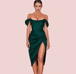 NEXT DAY DELIVERY EDNA Off Shoulder Short Sleeve Over Knee Wrinkled Slit Bodycon Dress