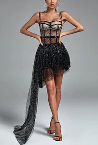 NEXT DAY DELIVERY ADELET Strappy Mesh Sequined Draping Corset Gown