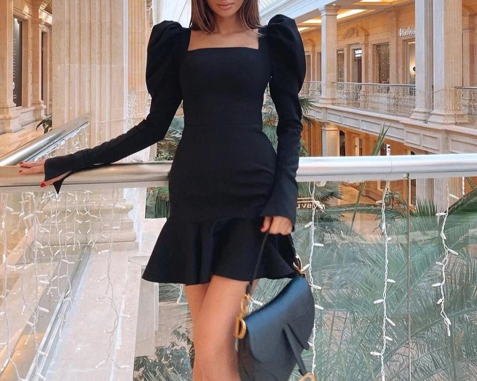 NEXT DAY DELIVERY ADY Square Collar Long Sleeve Frill Mini Bandage Dress