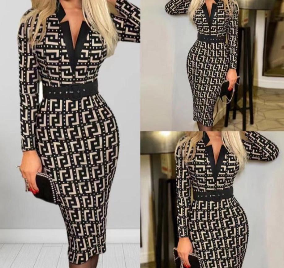 BECHET Long Sleeve Bicolor Bandage Dress