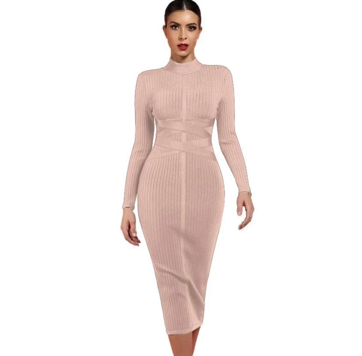 NEXT DAY DELIVERY BELISA Round Neck Long Sleeve Knee Lenght Ribbed Lace Up Bandage Dress