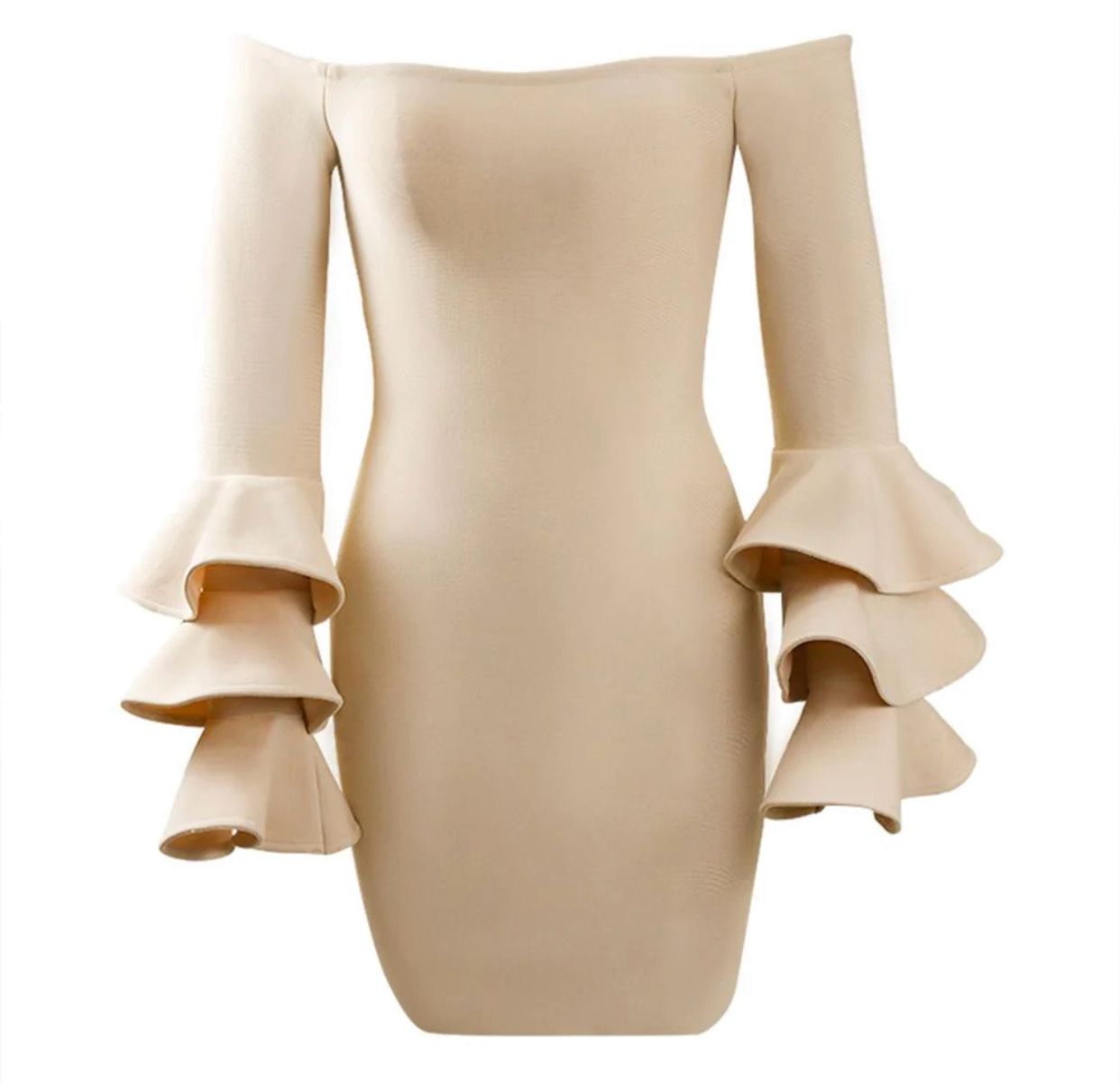 NEXT DAY DELIVERY ALESSA Off Shoulder Long Sleeve Frill Mini Bandage Dress