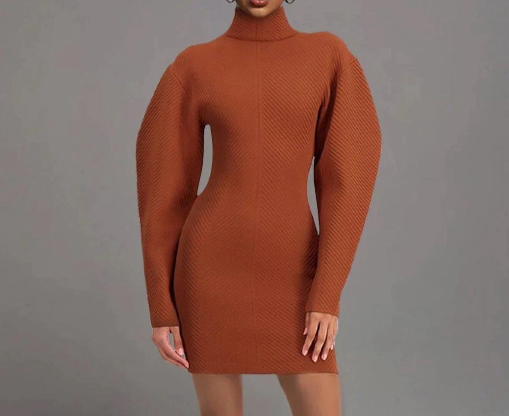 NEXT DAY DELIVERY ARIA High Neck Long Sleeve Striped Mini Bandage Dress