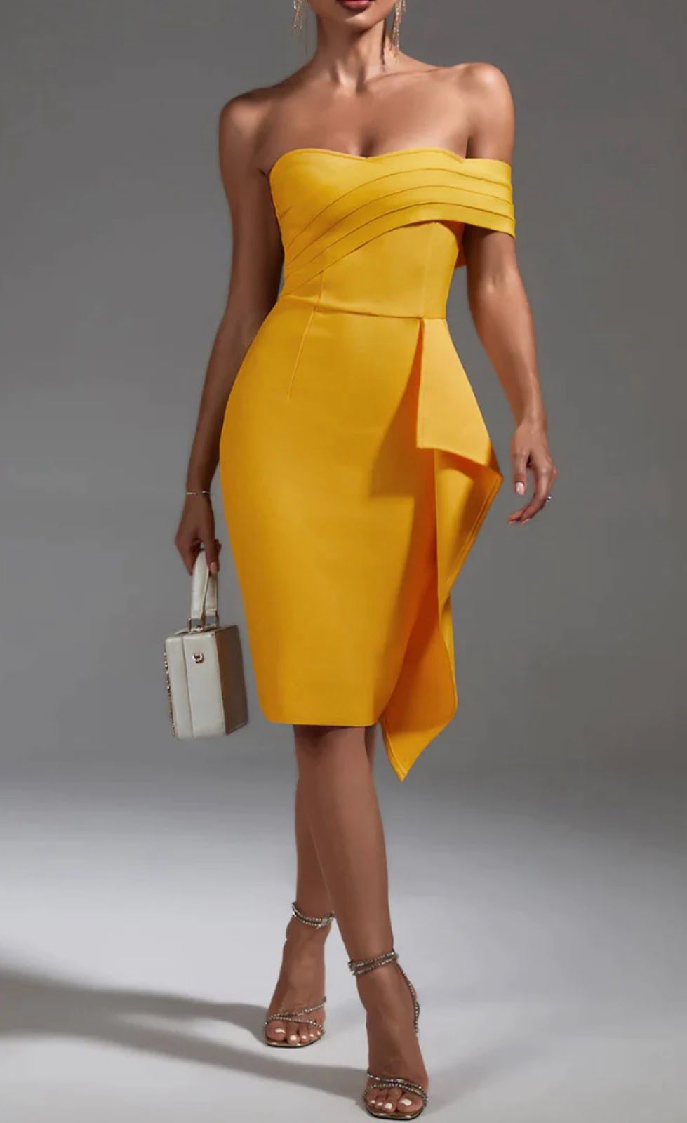 NEXT DAY DELIVERY MELODIA Off Shoulder Ruffled Midi Bandage Dress