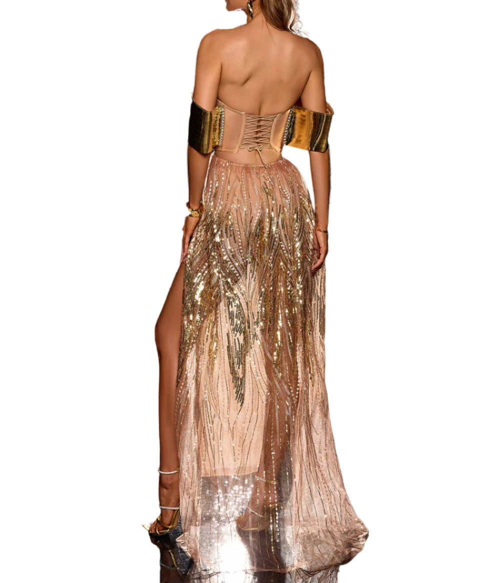 REGINA Metallic Sequin High-Slit Prom Dress