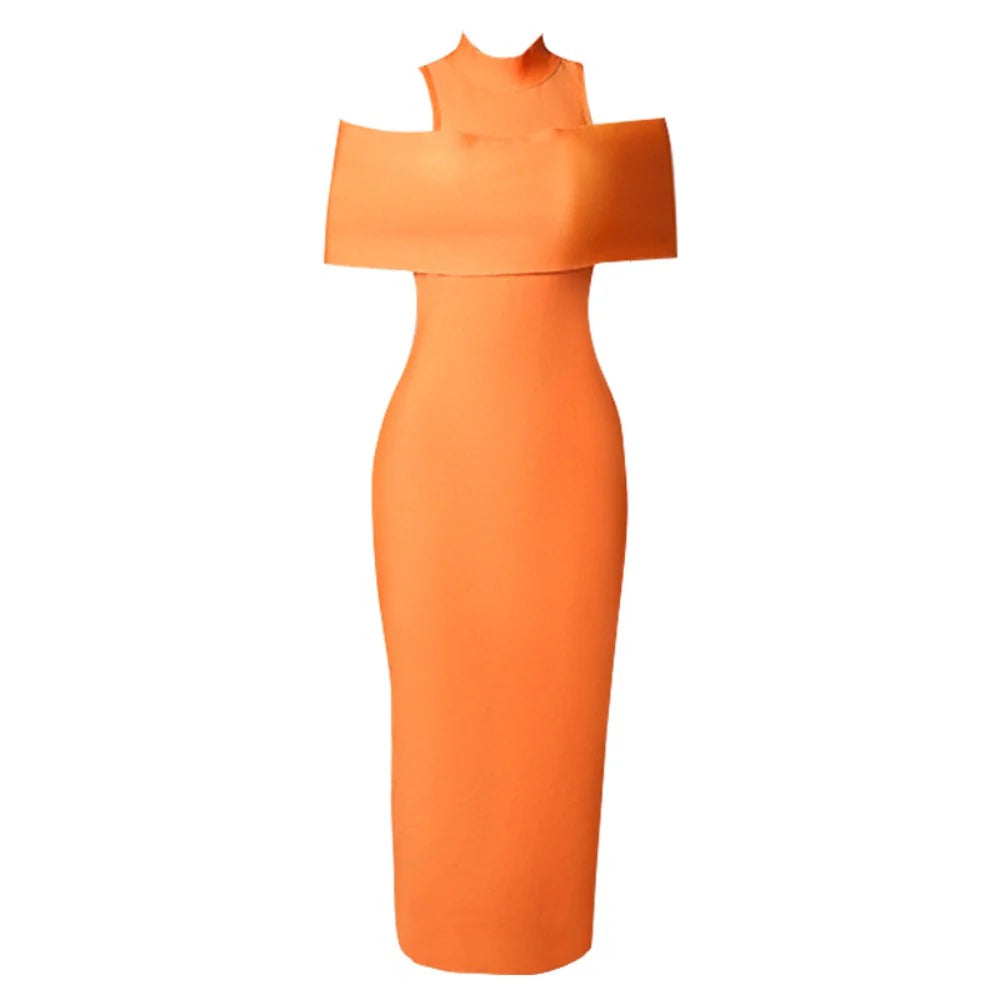 NEXT DAY DELIVERY SAIDA High Neck Short Sleeve Midi Cut Out Bandage Dress