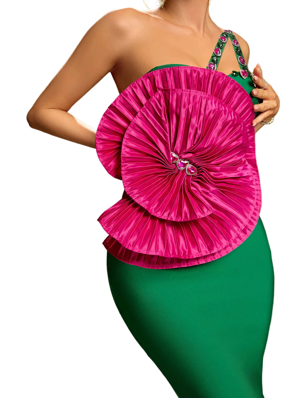SAMARA One Shoulder Big Flower Crystals Midi Bandage Dress