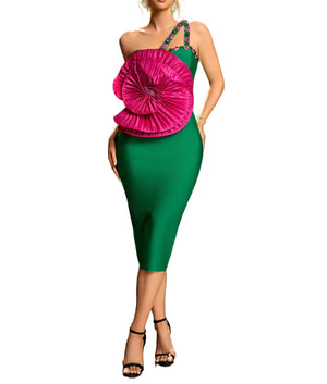 SAMARA One Shoulder Big Flower Crystals Midi Bandage Dress