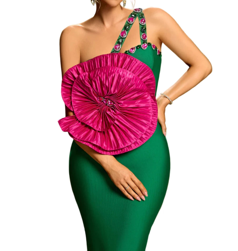 SAMARA One Shoulder Big Flower Crystals Midi Bandage Dress