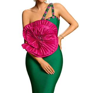SAMARA One Shoulder Big Flower Crystals Midi Bandage Dress