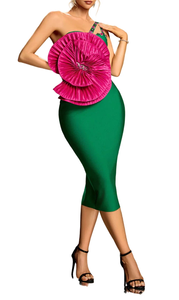 SAMARA One Shoulder Big Flower Crystals Midi Bandage Dress