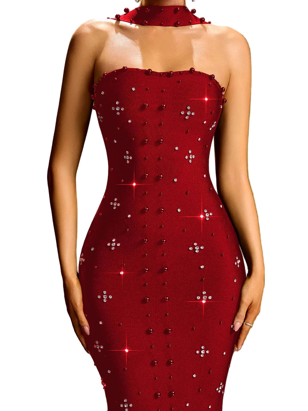 SANDRA Strapless Mini Crystals Scarf Maxi Bandage Dress