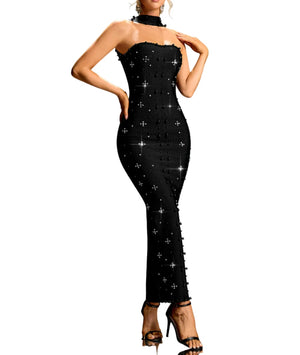 SANDRA Strapless Mini Crystals Scarf Maxi Bandage Dress