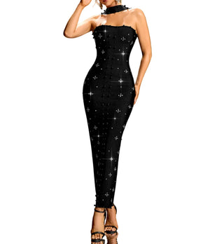 SANDRA Strapless Mini Crystals Scarf Maxi Bandage Dress