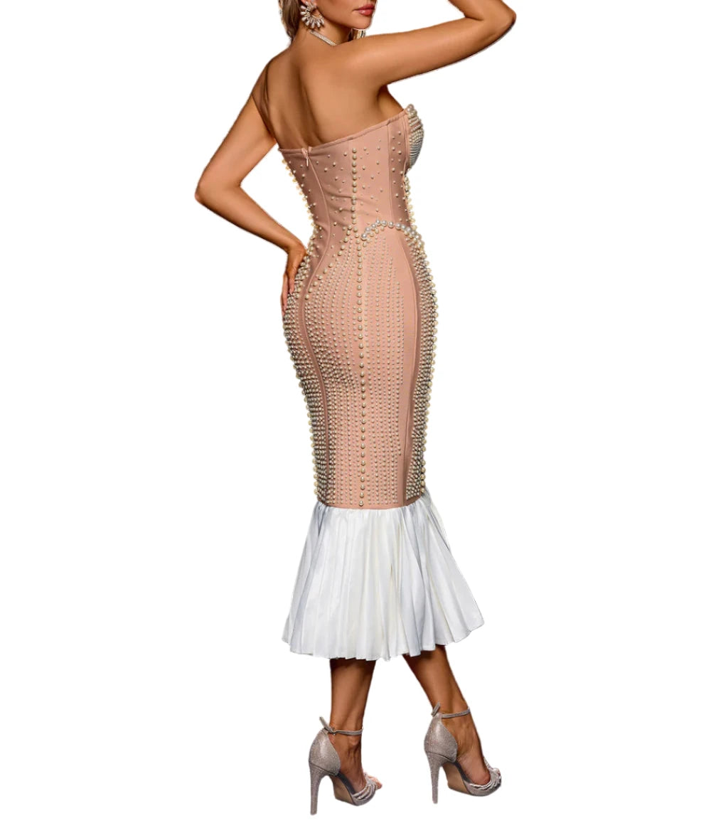 SATINA Strapless Pearls Midi Bandage Dress