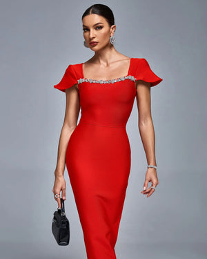 SHAMIZ Square Neck Rhinestone Trim Bandage Dress