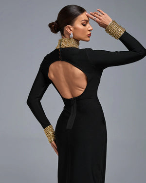 SHARONEL Beadwork Open Back Bandage Long Dress