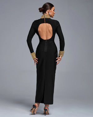 SHARONEL Beadwork Open Back Bandage Long Dress