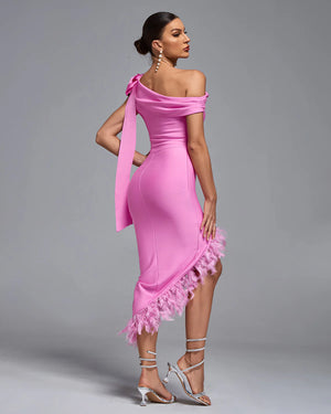 SITA One Shoulder Feather Trim Bandage Dress