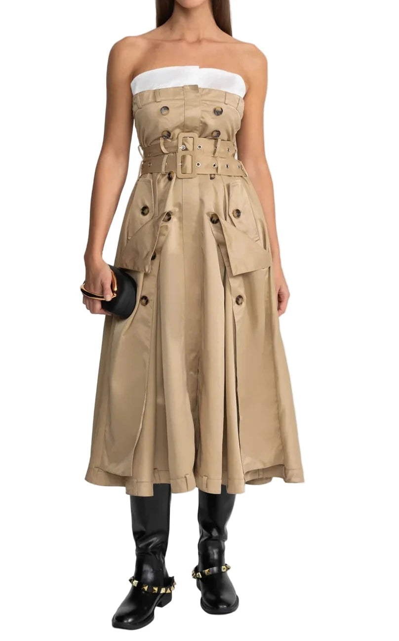 SURU STRAPLESS TRENCH MIDI DRESS