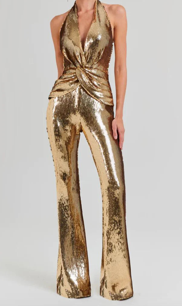 NEXT DAY DELIVERY MIREYA Halter Gold Sequins Bodycon Jumpsuit