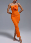 AMBER Open Back Ruched Flower Maxi Bodycon Dress