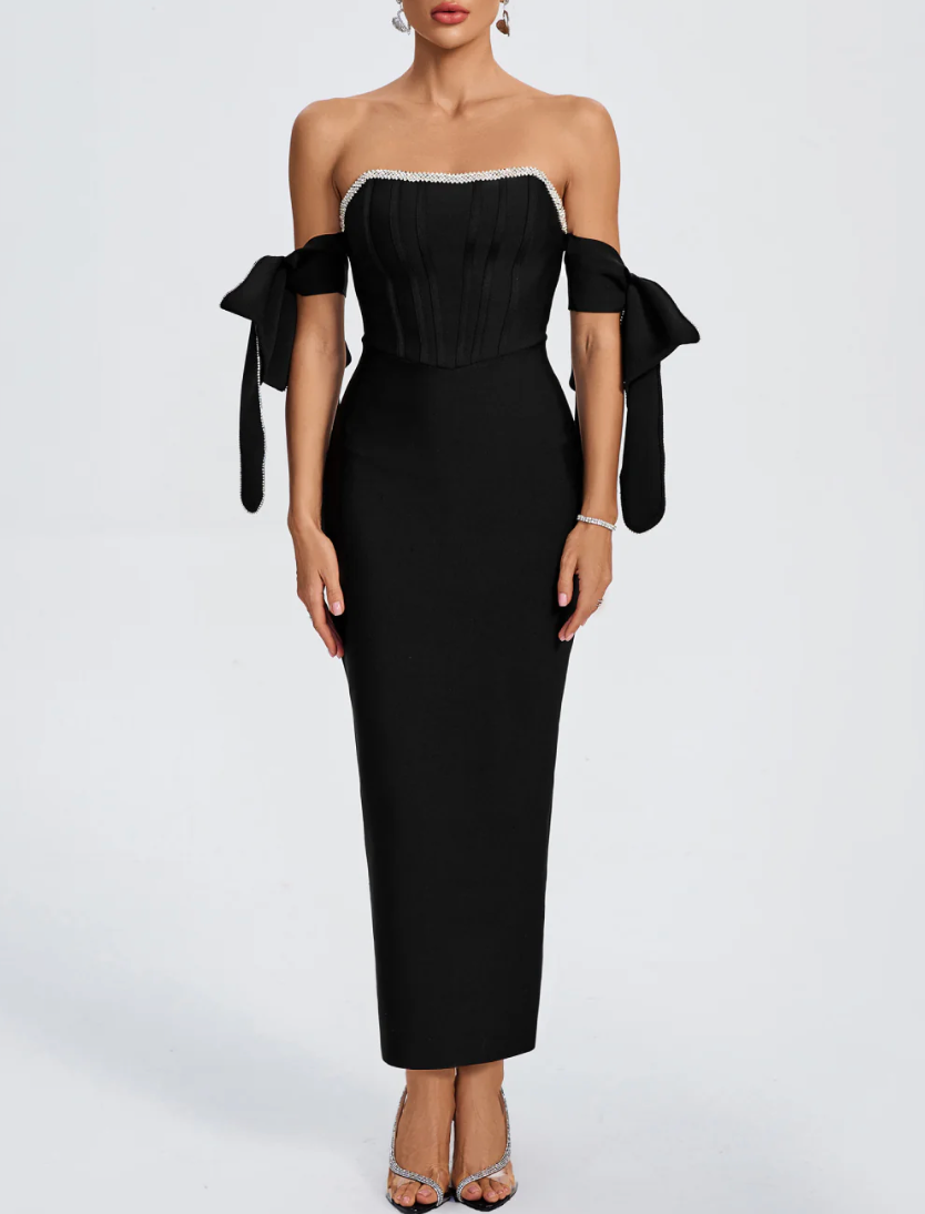 NAISHA Rhinestone Trim Bowknot-Sleeve Bandage Dress