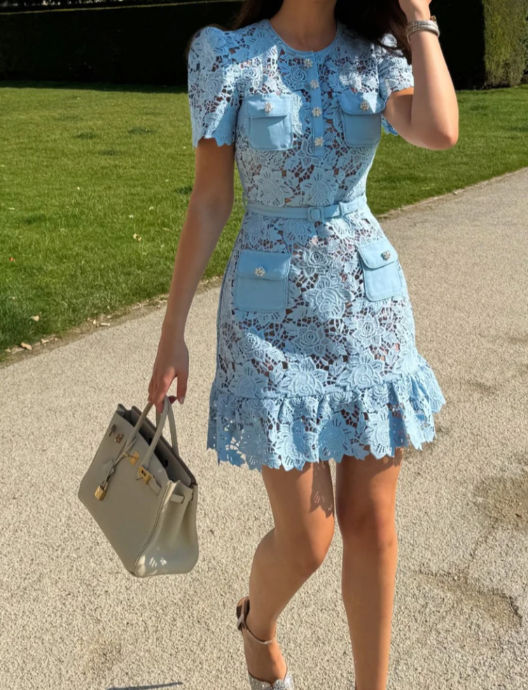 ANANDA SHORT SLEEVE EMBROIDERED FLORAL DRESS XS / BABY BLUE ANANDA SHORT SLEEVE EMBROIDERED FLORAL DRESS XS / BABY BLUE