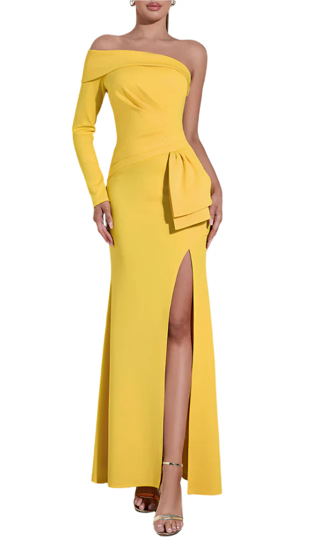 NEXT DAY DELIVERY TAARA One Shoulder Yellow Maxi Bodycon Dress