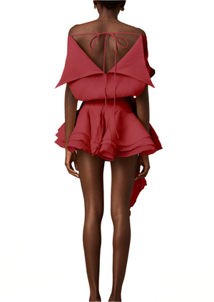 PARI FLORAL-APPLIQUÉ FLOUNCED MINI DRESS