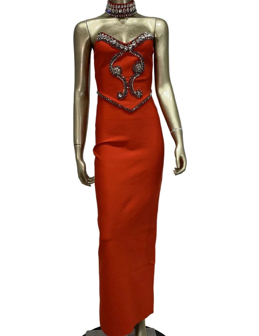 TANIA Strapless Mini Crystals Choker Maxi Bandage Dress