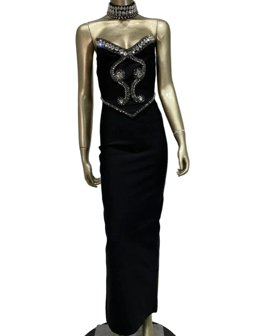 TANIA Strapless Mini Crystals Choker Maxi Bandage Dress