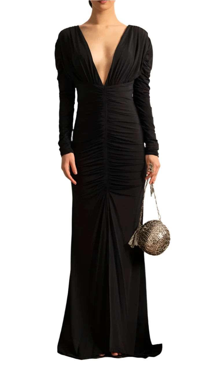 TIRSA Sexy V Neck Ruched Maxi Dress
