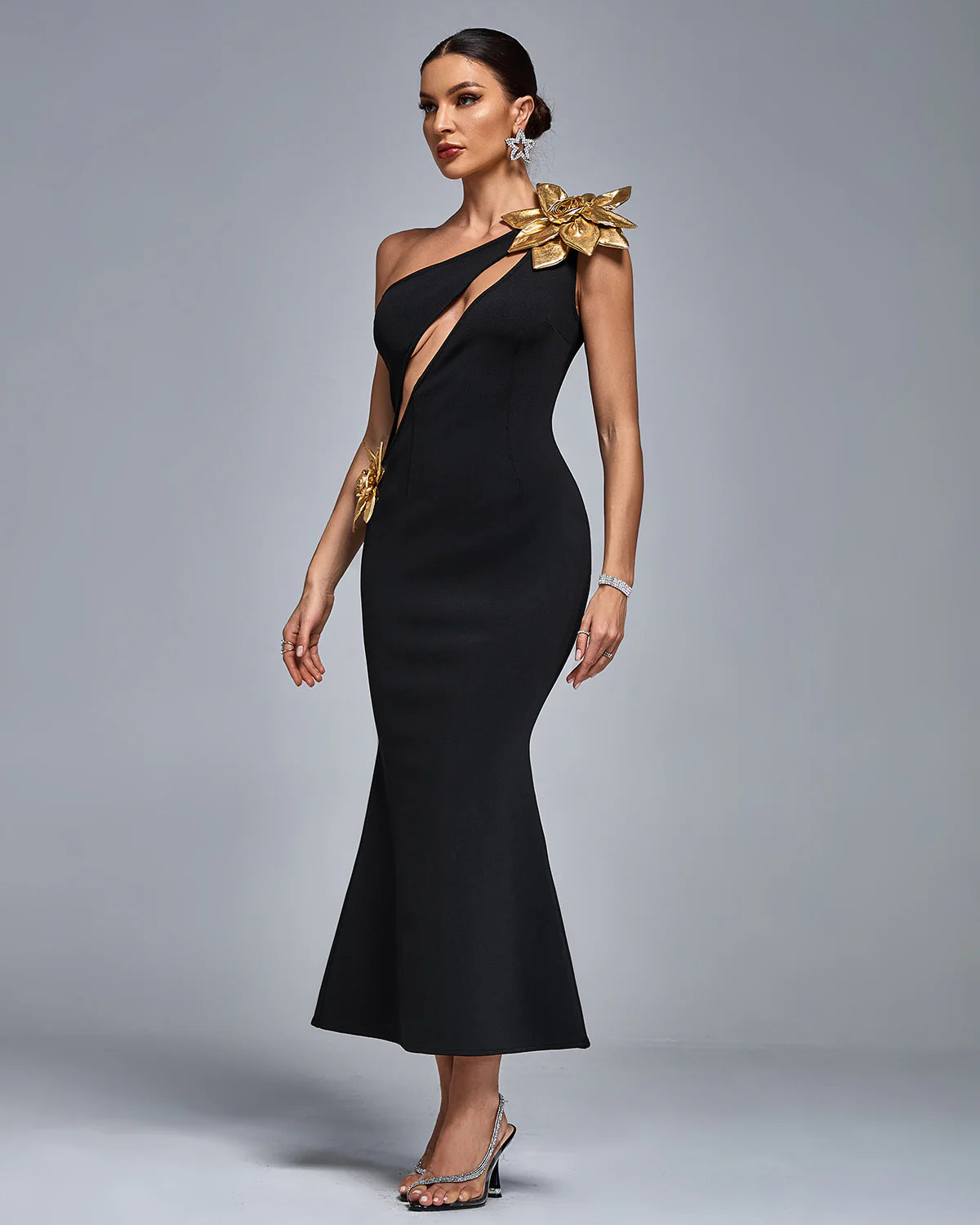 UGIENE One Shoulder Gold Flower Cut Out Bandage Dress L UGIENE One Shoulder Gold Flower Cut Out Bandage Dress L