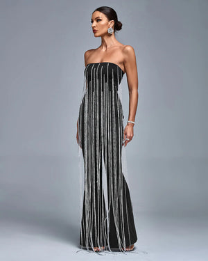 WINOW Silver Chain Cascade Strapless Bandage Jumpsuit