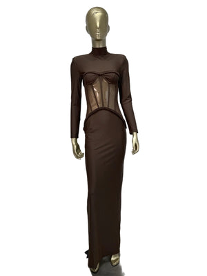 PINKAPPLE DRESSES ELVIS Brown Sheer Corset Maxi Dress S PINKAPPLE DRESSES ELVIS Brown Sheer Corset Maxi Dress S