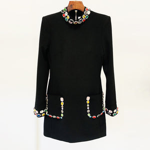 BIBIANA Long Sleeve High Neck Colorful Stones Bodycon Dress