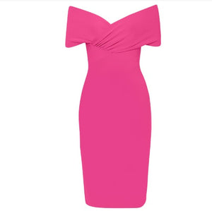 pink off shoulder bandage dress Off Shoulder Split Back Bandage Dress
