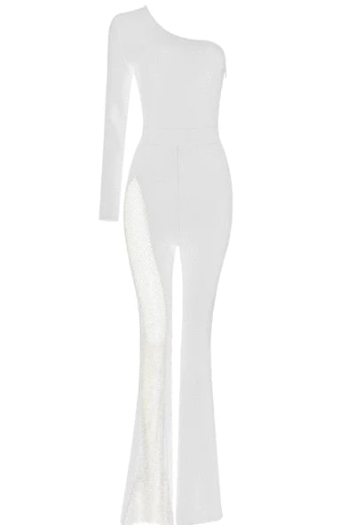 NEXT DAY DELIVERY RACHELLE One Shoulder Long Sleeve Asymmetrical Bandage Jumpsuit