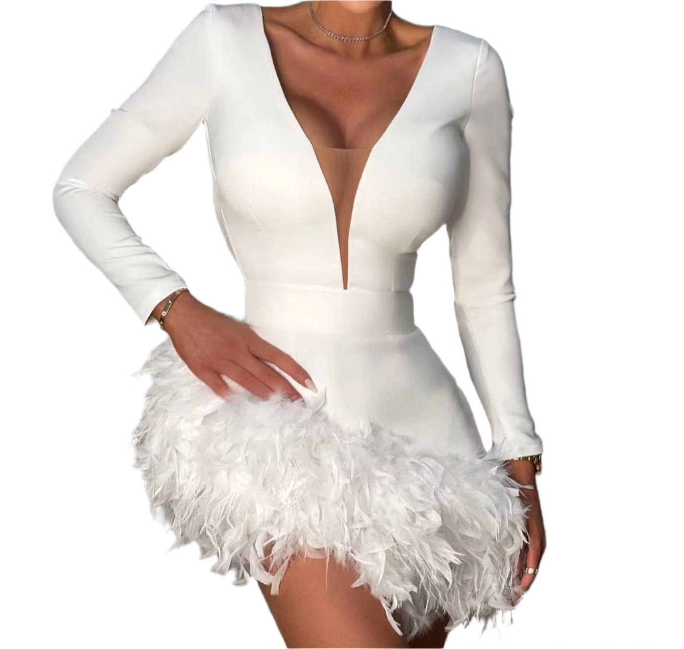 Abia Long Sleeve Feathers Bandage Dress S / White Abia Long Sleeve Feathers Bandage Dress S / White