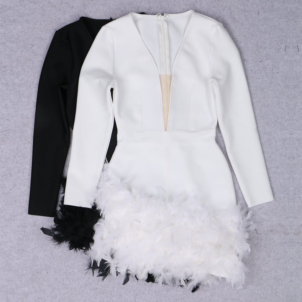Abia Long Sleeve Feathers Bandage Dress L / Black Abia Long Sleeve Feathers Bandage Dress L / Black