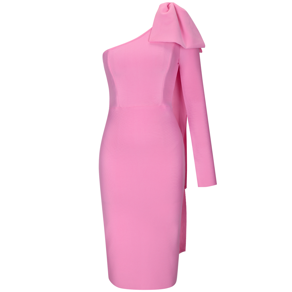 AMANDA One Shoulder Long Sleeve Over Knee Bowknot Asymmetrical Bandage Dress L / PINK AMANDA One Shoulder Long Sleeve Over Knee Bowknot Asymmetrical Bandage Dress L / PINK