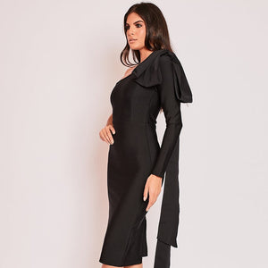 AMANDA One Shoulder Long Sleeve Over Knee Bowknot Asymmetrical Bandage Dress S / Black AMANDA One Shoulder Long Sleeve Over Knee Bowknot Asymmetrical Bandage Dress S / Black