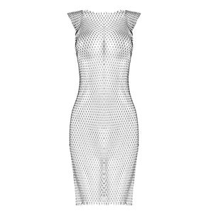 EVELINA Diamond Crystal Fishnet Grid Mini Dress Bikini Cover Up